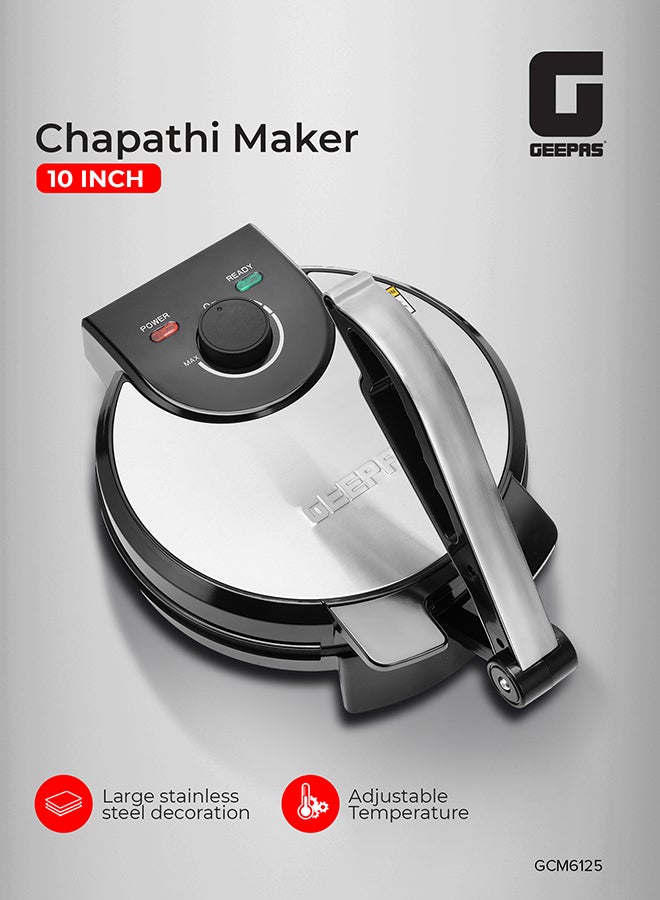 GEEPAS 10" Chapathi Maker With Non-Stick Plates For Easy Food Release Mechanism And Easy Cleaning, Adjustable Temperature| Strong And Sturdy Construction With An Anti-Skid Base| Easy Round Chapathi, Papad, Roti And Puri Maker With Handle 1200 W GCM6125N black - Image 2