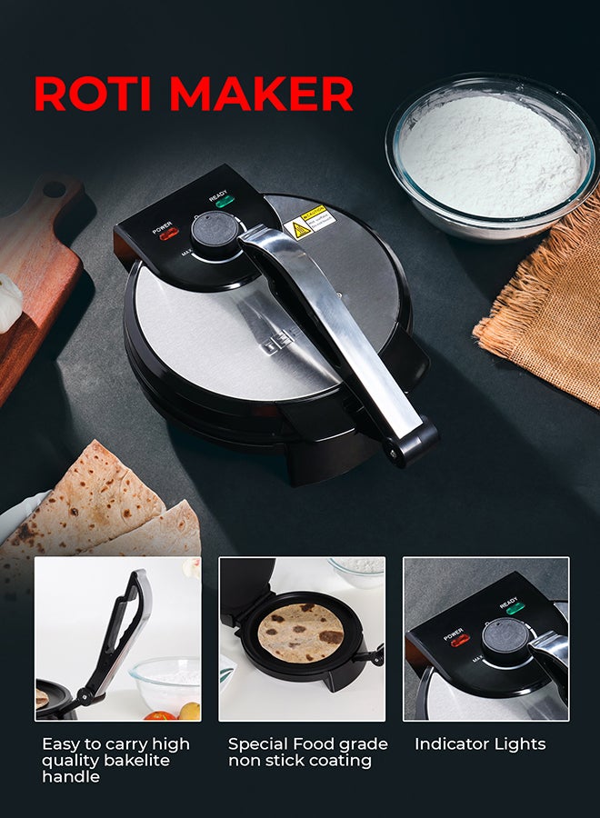 GEEPAS 10" Chapathi Maker With Non-Stick Plates For Easy Food Release Mechanism And Easy Cleaning, Adjustable Temperature| Strong And Sturdy Construction With An Anti-Skid Base| Easy Round Chapathi, Papad, Roti And Puri Maker With Handle 1200 W GCM6125N black - Image 4