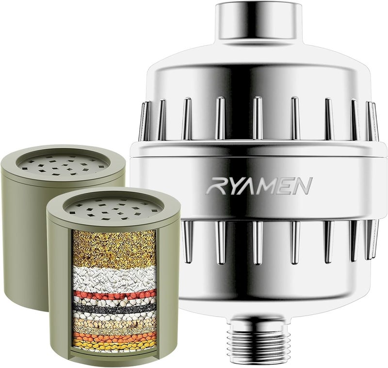 Ryamen Heavy Duty Shower Filter, Shower Water Filter, 99% REMOVAL Shower Head Filter for Hard Water, Heavy Metals, Chlorine (2 Cartridges, Silver) - Image 1