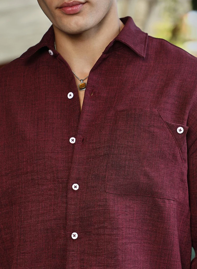 Campus Sutra Men's Wine Red Modular Solid Oversized Shirt