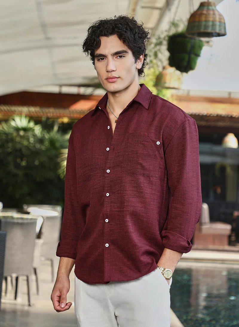 Campus Sutra Men's Wine Red Modular Solid Oversized Shirt