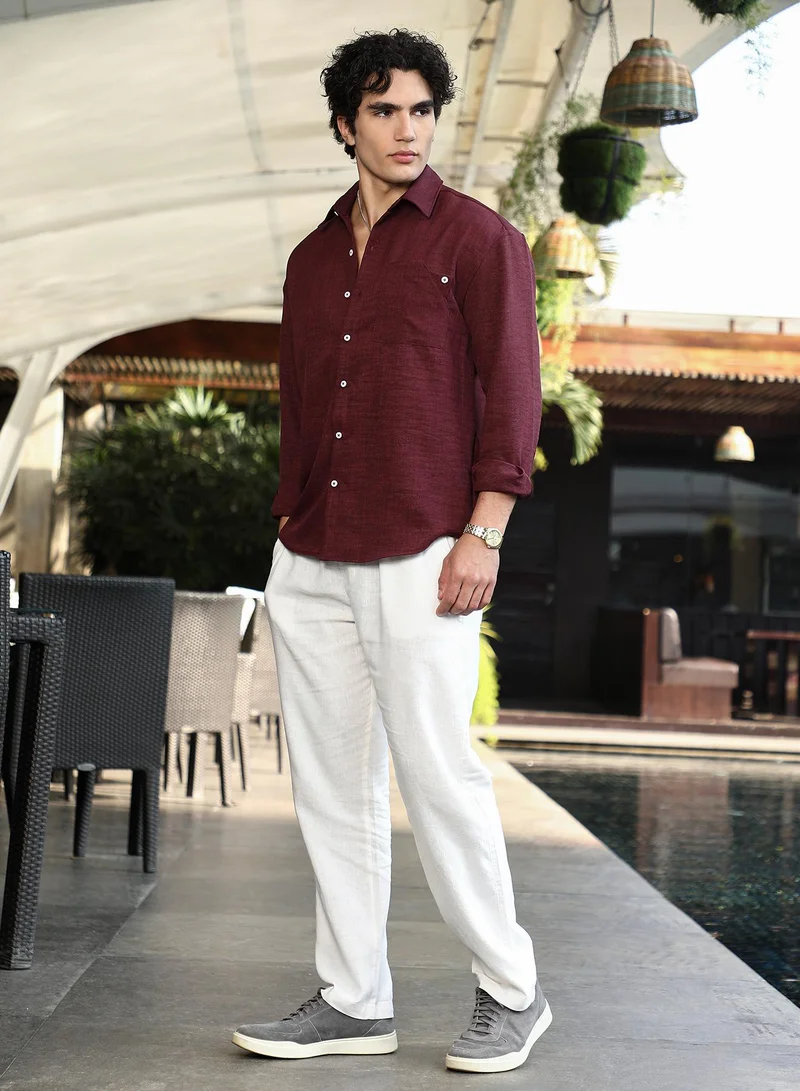 Campus Sutra Men's Wine Red Modular Solid Oversized Shirt