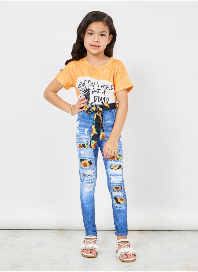 Styli - Sunflower Print T-shirt and Denim Print Pant Set - Image 1