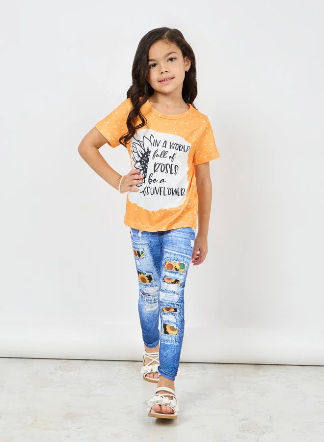 ستايلي Sunflower Print T-shirt and Denim Print Pant Set