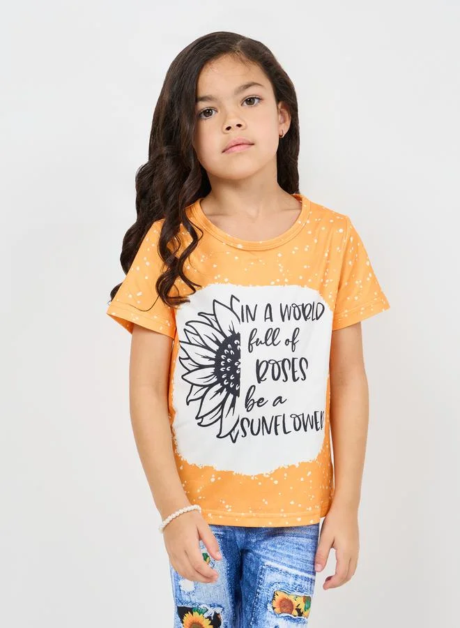 ستايلي Sunflower Print T-shirt and Denim Print Pant Set
