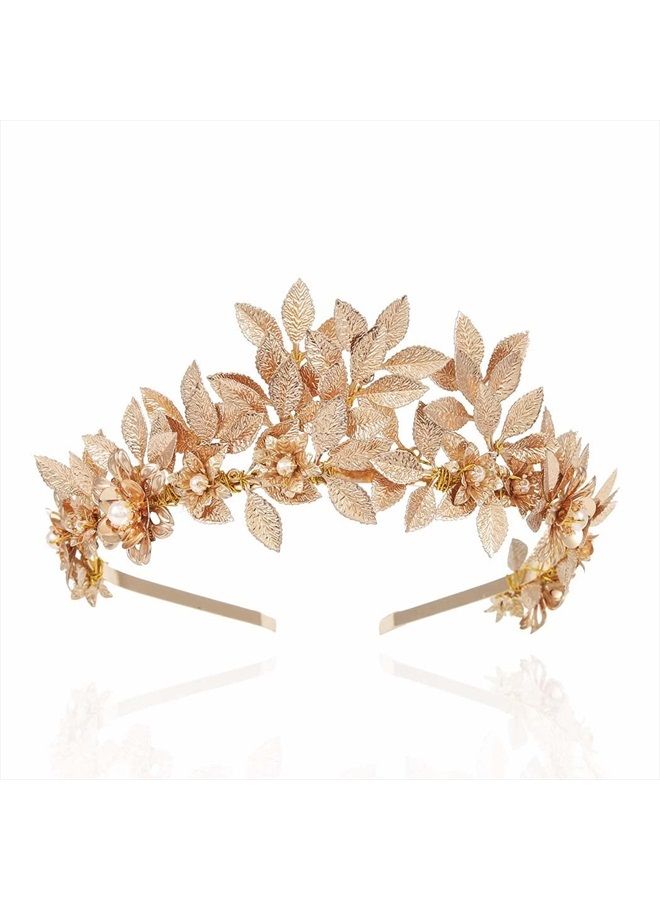 Yean تاج زفاف من أوراق الذهب - إكسسوار رأس للعروس مع زهور لمهرجان الشعر للنساء والفتيات (ذهبي) - Image 1