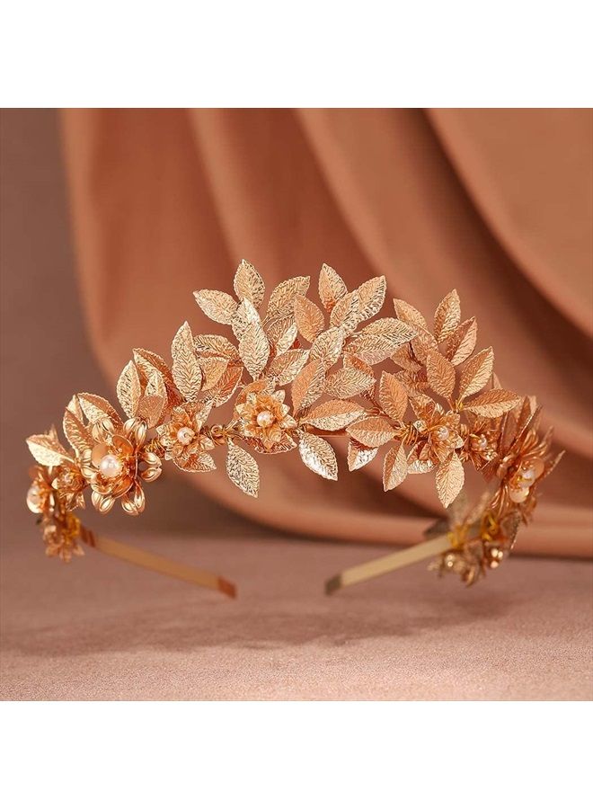 Yean تاج زفاف من أوراق الذهب - إكسسوار رأس للعروس مع زهور لمهرجان الشعر للنساء والفتيات (ذهبي) - Image 3