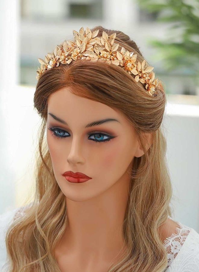 Yean تاج زفاف من أوراق الذهب - إكسسوار رأس للعروس مع زهور لمهرجان الشعر للنساء والفتيات (ذهبي) - Image 4