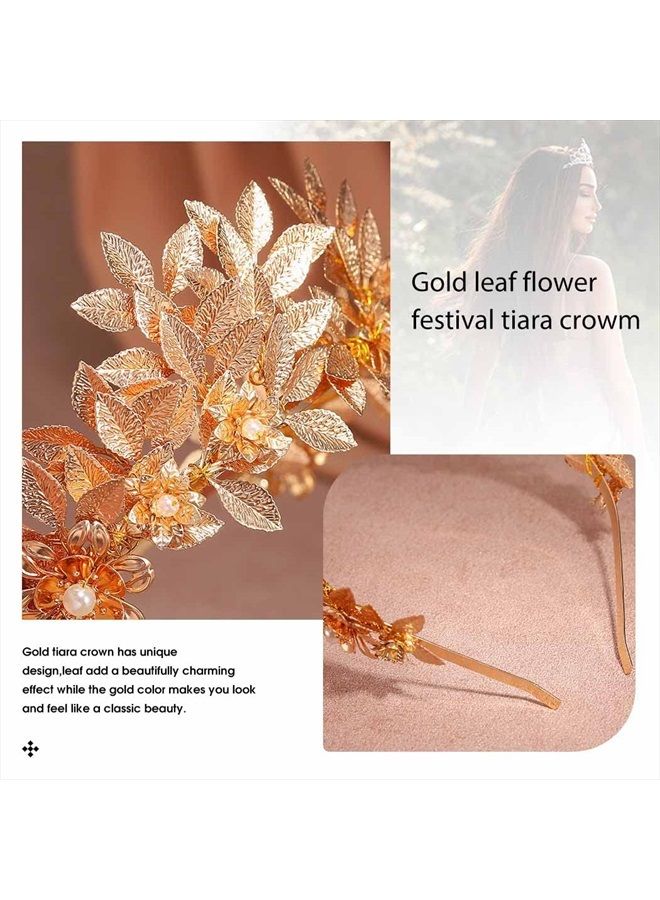 Yean تاج زفاف من أوراق الذهب - إكسسوار رأس للعروس مع زهور لمهرجان الشعر للنساء والفتيات (ذهبي) - Image 5
