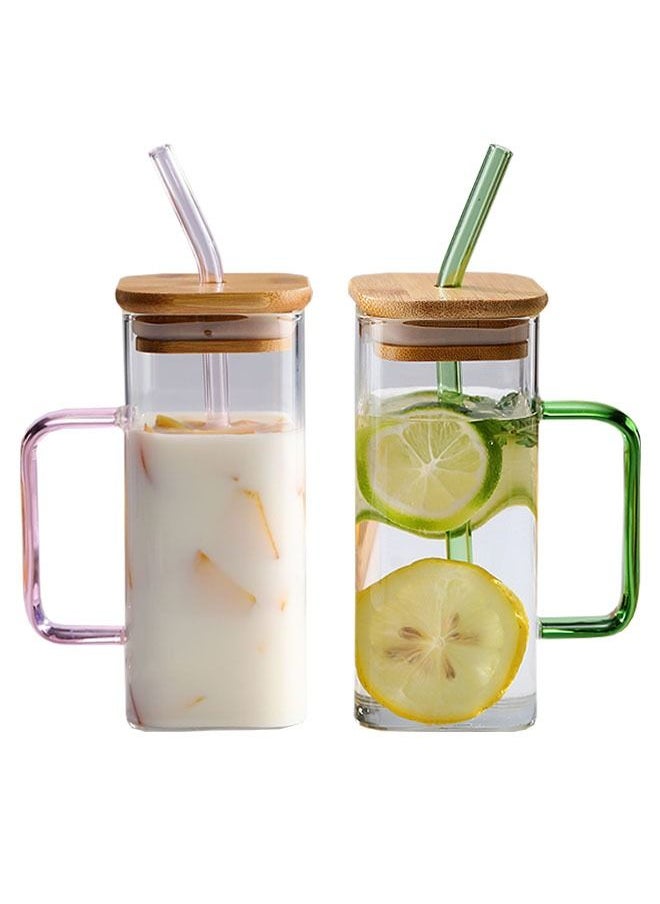 ZCM-HAPPY 2-Piece Square Glasses with Handles Glacier Cup Drinking Cup Cold Drink Coffee Cup with Straw  - Image 1