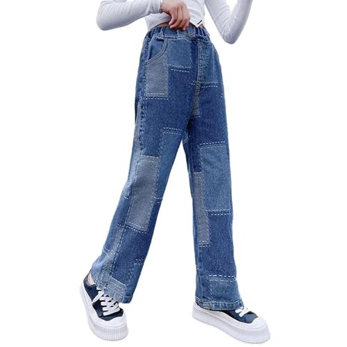 Rolanko Girls Baggy Jeans Elastic Wide Leg Stretch Denim Pants Loose Kids Clothes (Blue Patchw, 12-14) - Image 2