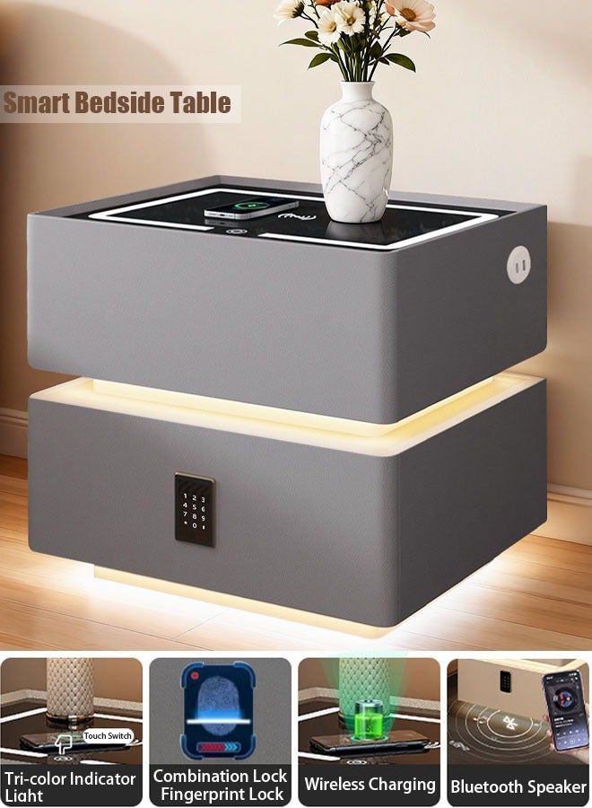 VUCATIN Nightstand with Smart Charging 2-Tier Storage End Table Side Table Wooden Nightstand with Sensor Light Sensor Light Bluetooth Speaker Fingerprint Lock and Tri-Color Light for Bedroom Living Room Lobby - Image 1
