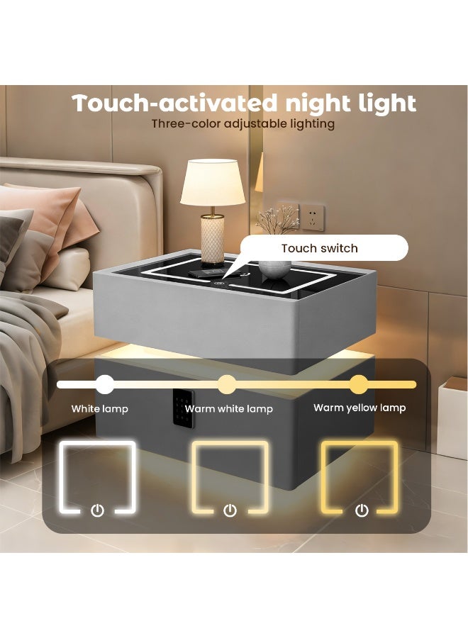 VUCATIN Nightstand with Smart Charging 2-Tier Storage End Table Side Table Wooden Nightstand with Sensor Light Sensor Light Bluetooth Speaker Fingerprint Lock and Tri-Color Light for Bedroom Living Room Lobby - Image 4
