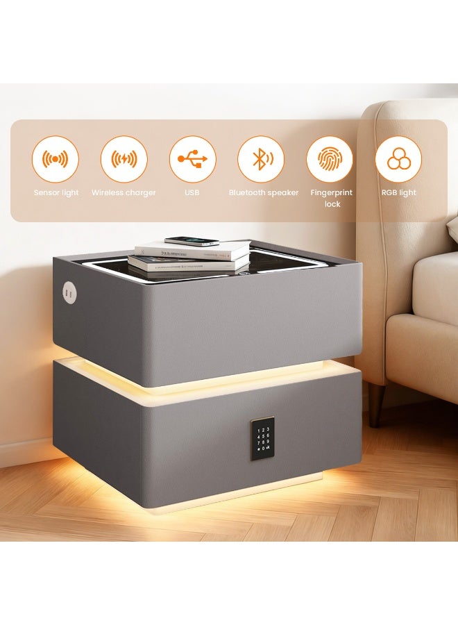 VUCATIN Nightstand with Smart Charging 2-Tier Storage End Table Side Table Wooden Nightstand with Sensor Light Sensor Light Bluetooth Speaker Fingerprint Lock and Tri-Color Light for Bedroom Living Room Lobby - Image 5