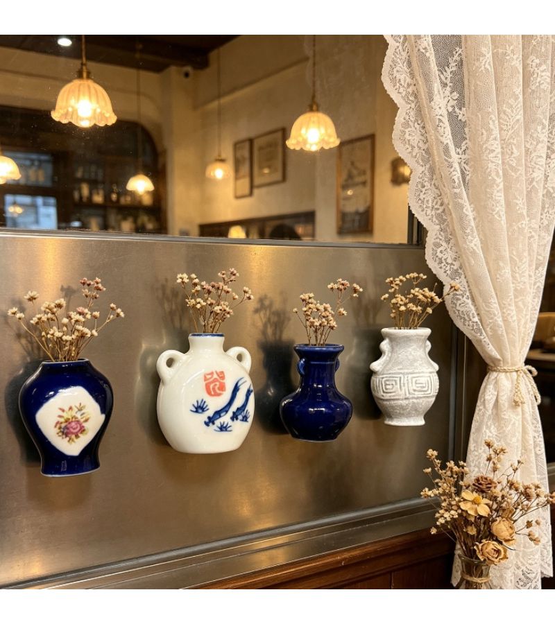 Retro Style Mini Ceramic Vase with Adhesive Backing for Refrigerator Wall Decor and Home Office Flower Holder - Image 4