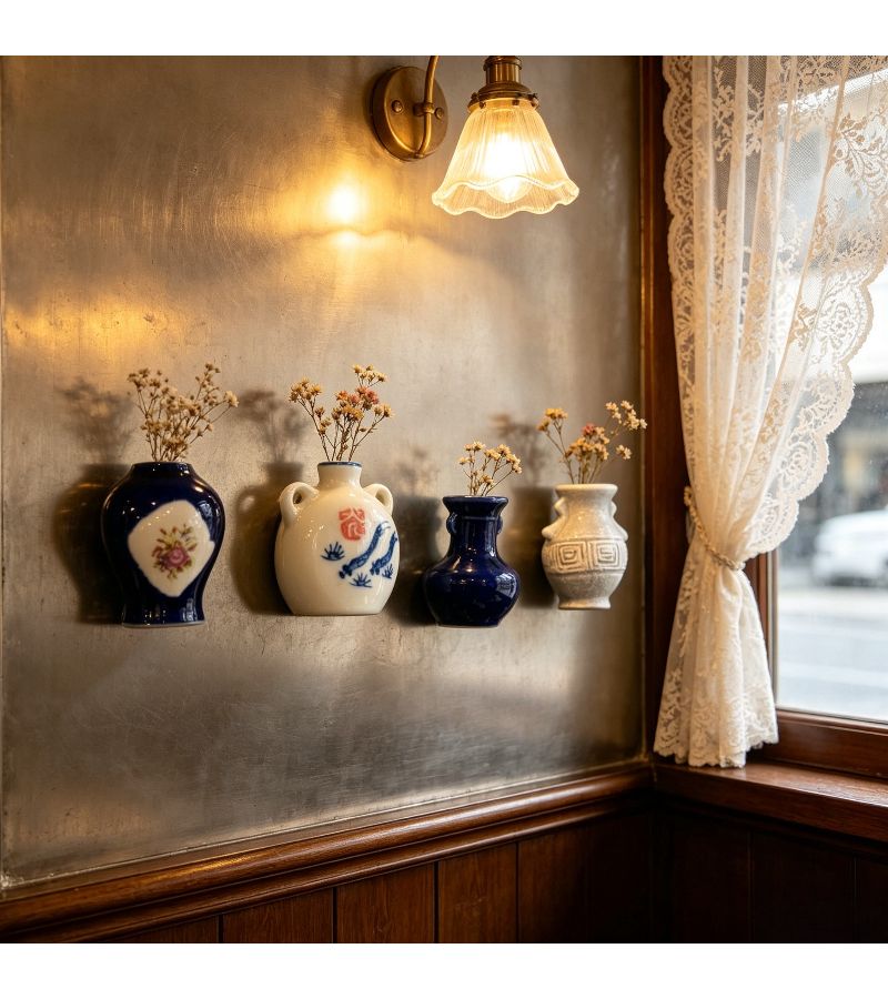 Retro Style Mini Ceramic Vase with Adhesive Backing for Refrigerator Wall Decor and Home Office Flower Holder - Image 1