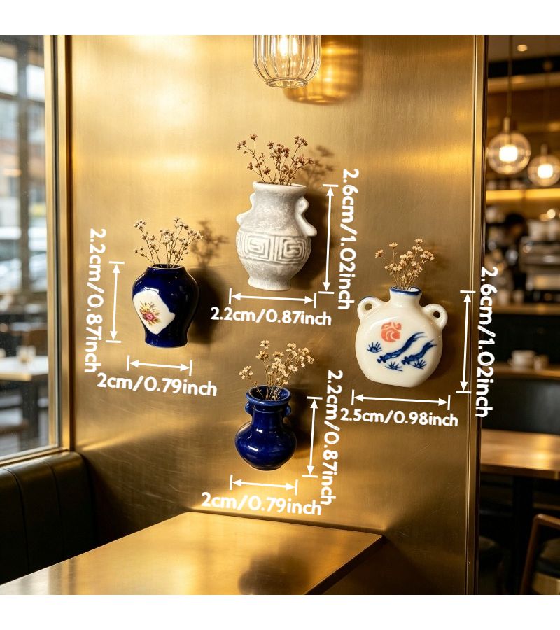 Retro Style Mini Ceramic Vase with Adhesive Backing for Refrigerator Wall Decor and Home Office Flower Holder - Image 3