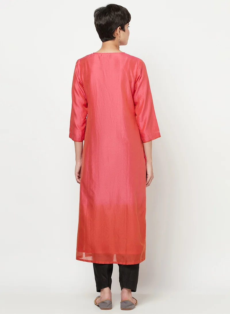 فاب انديا Pink Cotton Silk Round Neck Long Kurti