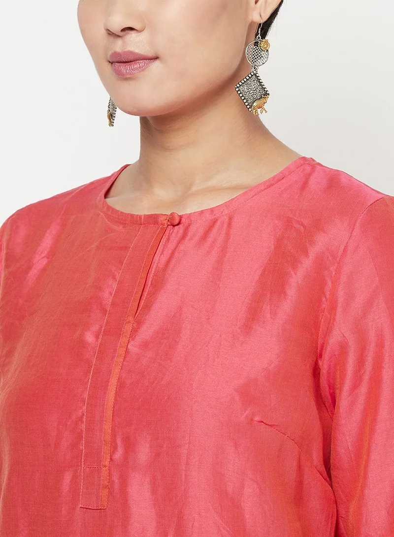 فاب انديا Pink Cotton Silk Round Neck Long Kurti