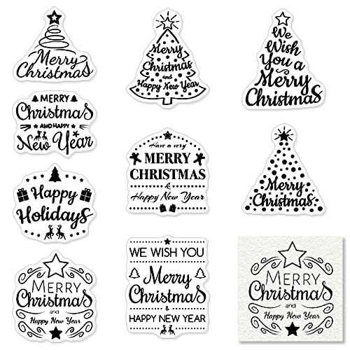 Hying 9 PCS Christmas Tree Greeting Words Clear Stamps for Card Making and Photo Album Decorations, Happy New Year Word Rubber Stamps Seal for Christmas DIY Scrapbooking - Image 1