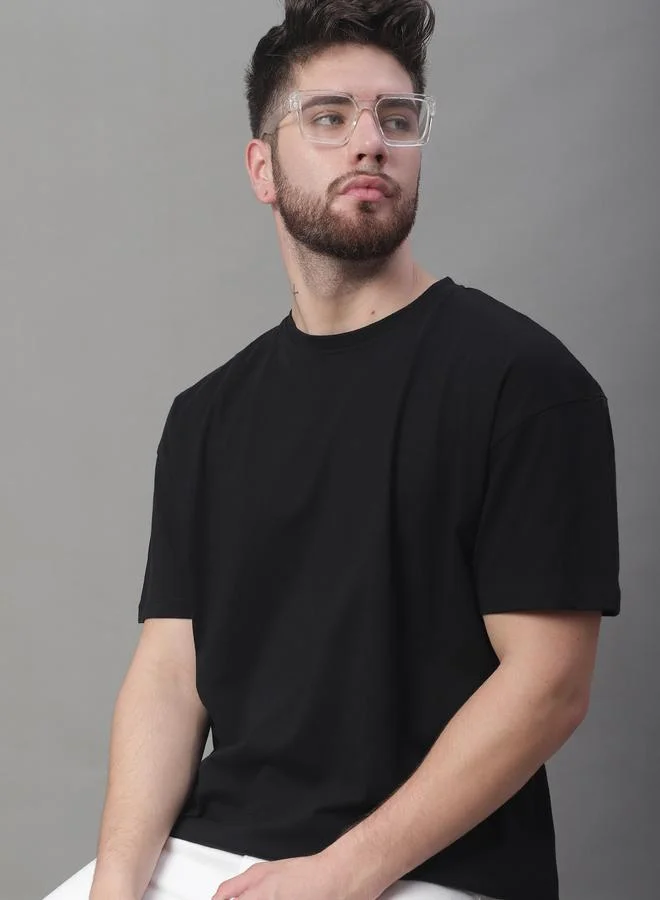 Styli Men Oversized Black Cotton Crew Neck T-Shirt By Door74