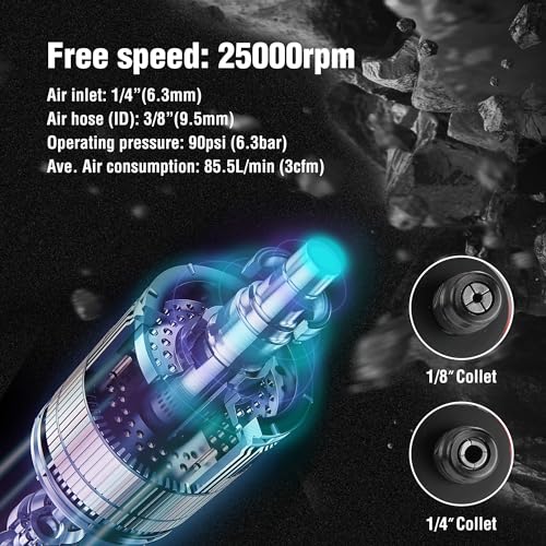 WORKPRO 1/4-Inch Pneumatic Straight Die Grinder, 25000RPM, Air-Powered Die Grinder for Grinding, Cutting, Polishing, Welding Repair, Deburring, 1/4" & 1/8" Collets Included - Image 4