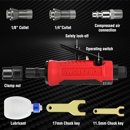 WORKPRO 1/4-Inch Pneumatic Straight Die Grinder, 25000RPM, Air-Powered Die Grinder for Grinding, Cutting, Polishing, Welding Repair, Deburring, 1/4" & 1/8" Collets Included - Image 2