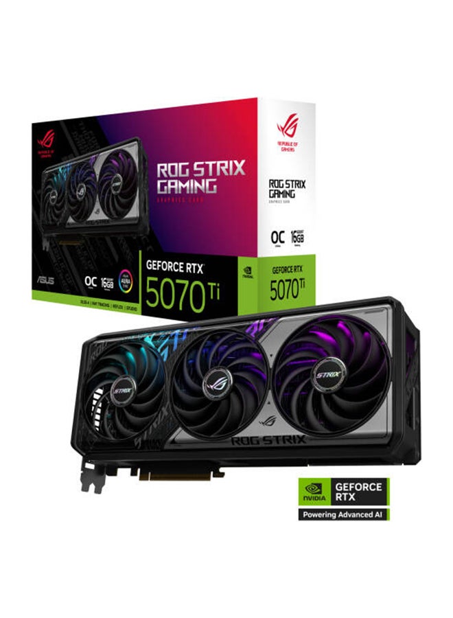 أسوس بطاقة الرسوميات ROG Strix GeForce RTX 5070 Ti OC Edition بسعة 16 جيجابايت GDDR7، سرعة 28 جيجابت في الثانية، عرض 256 بت، DLSS 4، تتبع الأشعة، 8960 نواة CUDA، سرعة تعزيز 2452 ميجاهرتز، HDMI 2.1b x2، DP 2.1b x3، أقصى دقة 8K، 300 واط TDP، طاقة 16-pin، 3.2-فتحة، مروحة ثلاثية Axial-Tech، غرفة بخار، تقنية 0dB، مزامنة RGB Aura، GPU Tweak III، NVIDIA Reflex و G-SYNC، AI 1492 TOPS| 90YV0M90-M0NA00 - Image 1