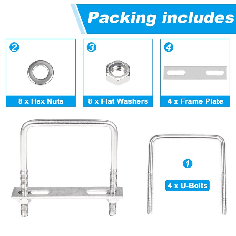 Yinpecly 4 Pack Square U-Bolts 2.56"/65mm Inner Width 3.15"/80mm Length 304 Stainless Steel U Bolts M6 with Washers & Nuts & Frame Plate for Automobiles Trailer, Ski Boat, or Sailboat Trailer - Image 3