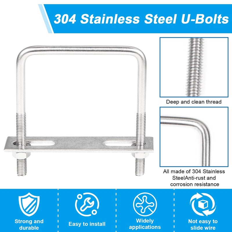 Yinpecly 4 Pack Square U-Bolts 2.56"/65mm Inner Width 3.15"/80mm Length 304 Stainless Steel U Bolts M6 with Washers & Nuts & Frame Plate for Automobiles Trailer, Ski Boat, or Sailboat Trailer - Image 4