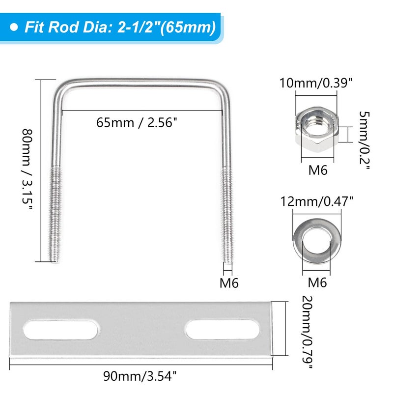 Yinpecly 4 Pack Square U-Bolts 2.56"/65mm Inner Width 3.15"/80mm Length 304 Stainless Steel U Bolts M6 with Washers & Nuts & Frame Plate for Automobiles Trailer, Ski Boat, or Sailboat Trailer - Image 2