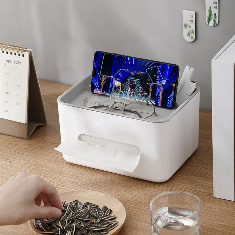 Multifunctional Tissue Box Cover White Base Gray Lid Premium PP Material - Decorative Rectangular Design Remote Control Organizer for Home Living Room Office Desk - Image 4
