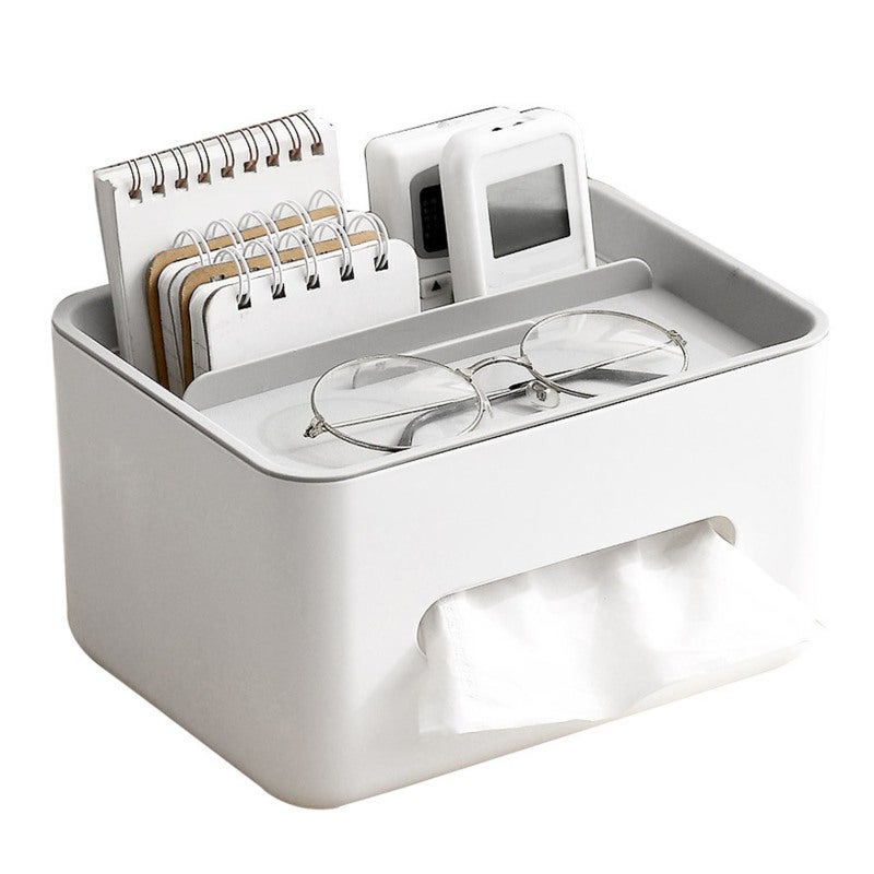 Multifunctional Tissue Box Cover White Base Gray Lid Premium PP Material - Decorative Rectangular Design Remote Control Organizer for Home Living Room Office Desk - Image 1