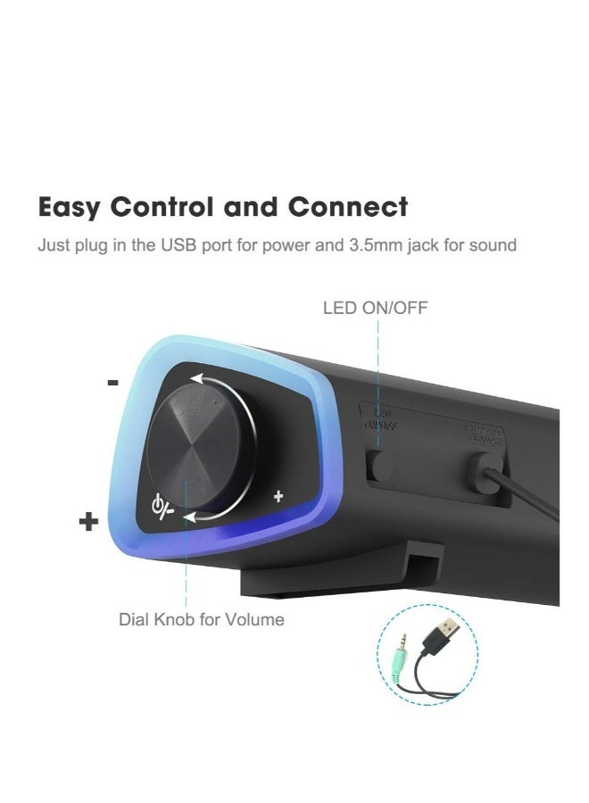 Computer Speakers, Wired USB-Powered Bluetooth V5.3 PC Sound Bar, Colorful RGB Lights with Switch Button, Surround Sound Portable Computer SoundBar Speaker for Desktop Laptop Phone(Black） - Image 3