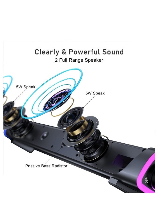 Computer Speakers, Wired USB-Powered Bluetooth V5.3 PC Sound Bar, Colorful RGB Lights with Switch Button, Surround Sound Portable Computer SoundBar Speaker for Desktop Laptop Phone(Black） - Image 2