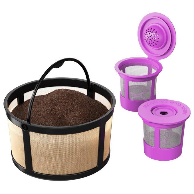 REUSABLE MESH GROUND COFFEE FILTER CARAFE FOR KEURIG KDUO ESSENTIALS AND K DUO BREWERS MACHINE WITH 2 REFILLABLE K CUPS POD BY GOLD TONE MESH FILTER VALUE PACK