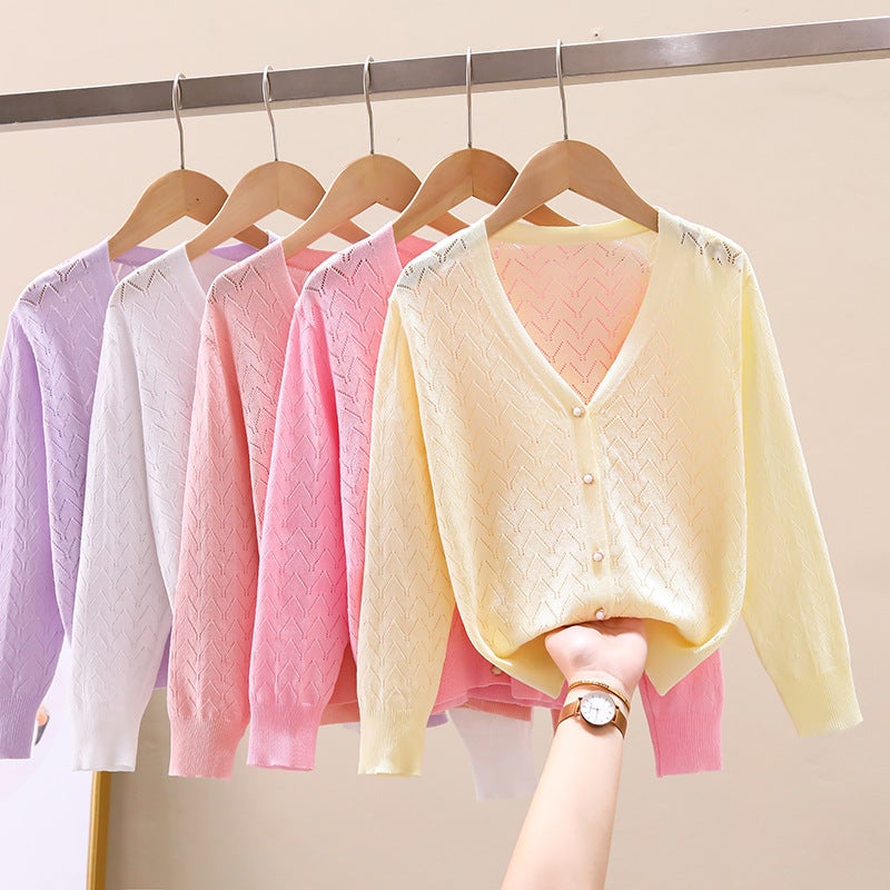 Children'S Knitted Cardigan Sun Protection Clothing 2023 Summer Thin Hollow Korean Style Long Sleeve Jacket Popular Outdoor For Girls And Older Children - Image 2