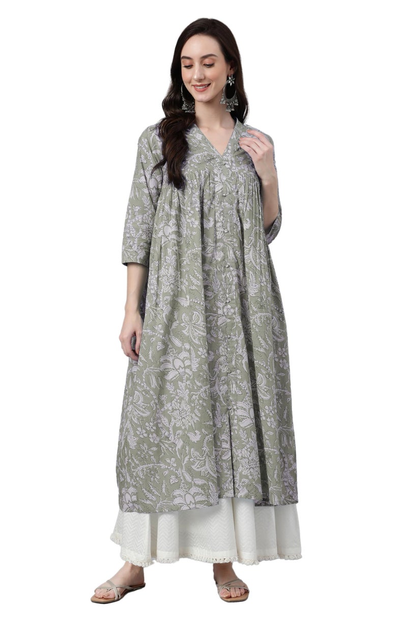 Janasya Women's Light Green Pure Cotton Floral Printed Flared Kurta (JAC24KR01391-L) - Image 1