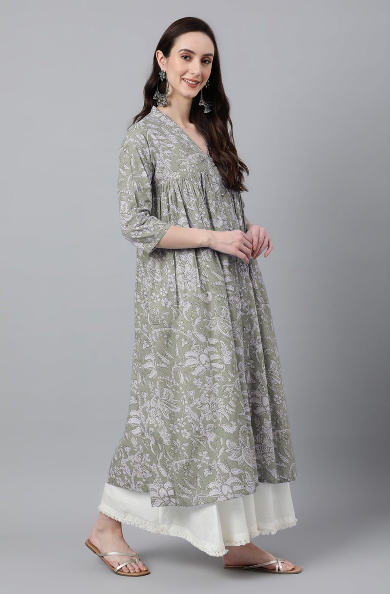 Janasya Women's Light Green Pure Cotton Floral Printed Flared Kurta (JAC24KR01391-L) - Image 4