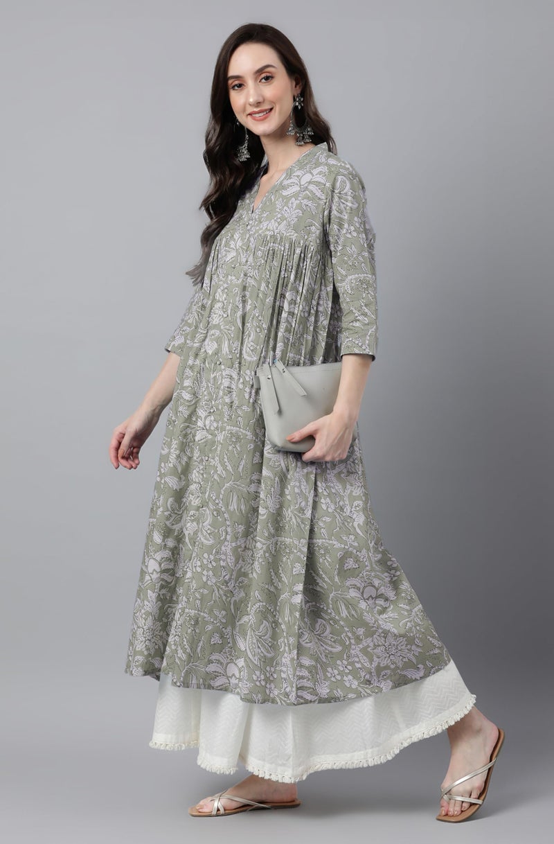 Janasya Women's Light Green Pure Cotton Floral Printed Flared Kurta (JAC24KR01391-L) - Image 5