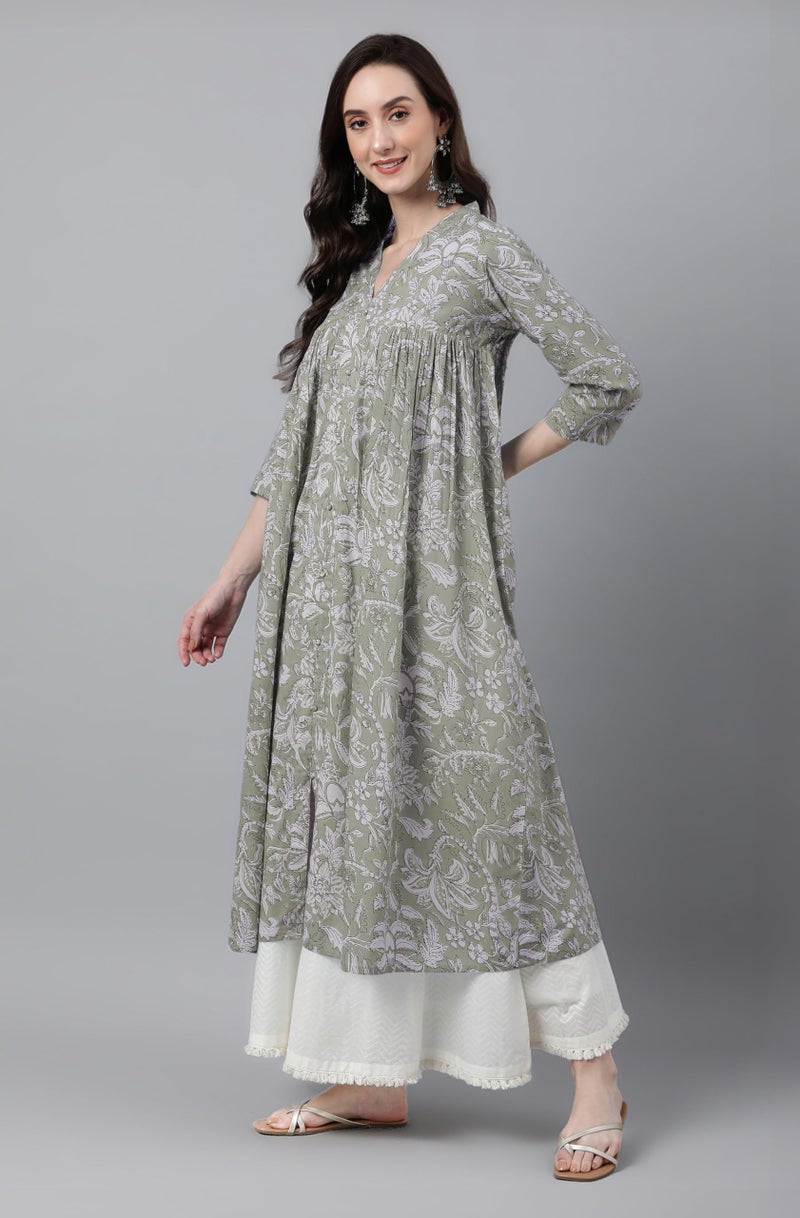 Janasya Women's Light Green Pure Cotton Floral Printed Flared Kurta (JAC24KR01391-L) - Image 3