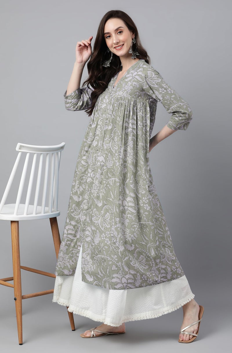Janasya Women's Light Green Pure Cotton Floral Printed Flared Kurta (JAC24KR01391-L) - Image 2
