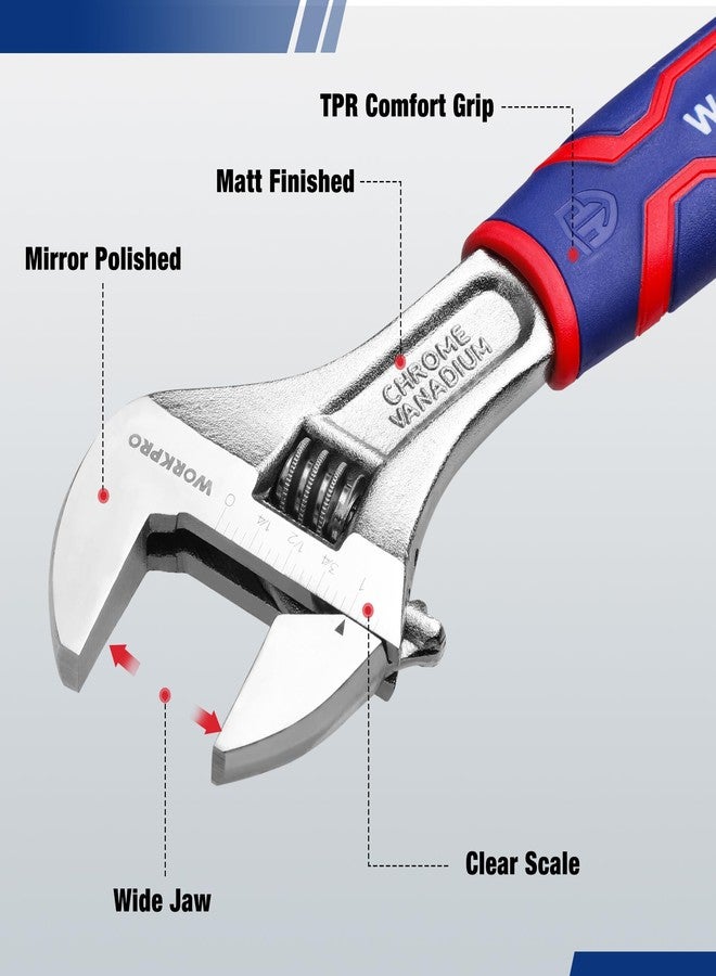 ووركبرو مفتاح ربط WORKPRO قابل للتعديل مقاس 8 بوصات، مفتاح ربط بفتحة واسعة الفك مع مقبض مطاطي مانع للانزلاق، مقاييس مترية/SAE، فولاذ Cr-V ممتاز، مطلي بالكروم - Image 3