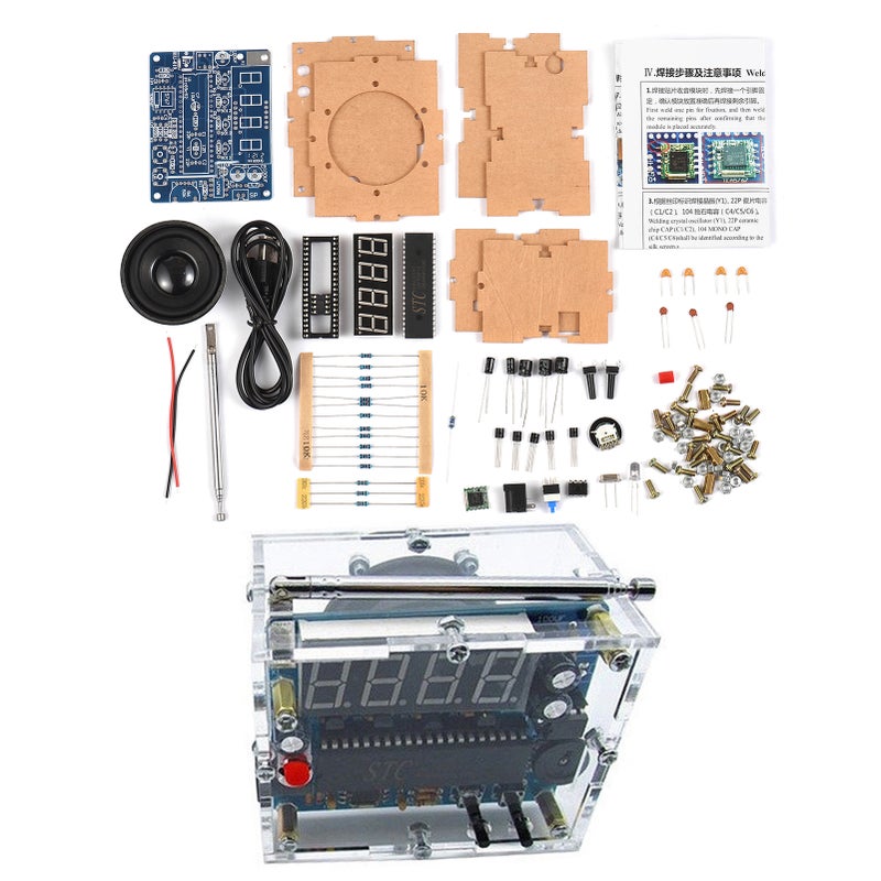 LED Digital FM Radio DIY Kit SCM FM Radio Module Soldering Project Practice Kit 5W Speaker 87-108MHz Stepping Adjustment for Learning Teaching, DC 5V USB Cable, Transparent Shell - Image 1