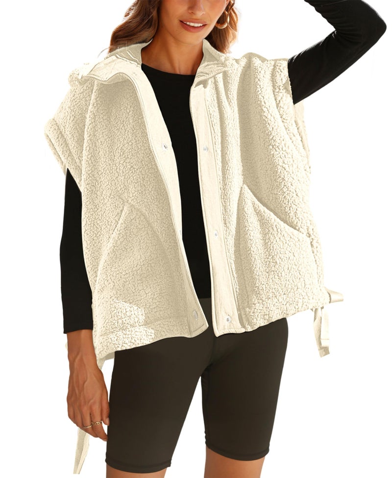OPCAKM Women's Fuzzy Fleece Vest Oversized Sleeveless Sherpa Jacket Warm Button Down Gilet Outerwear with Pockets(Apricot-XL) - Image 1