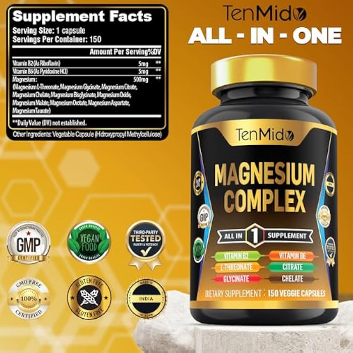 Tenmido Magnesium Complex Supplement - Combine 10 Types of Magnesium Glycinate, L-Threonate, Citrate, Chelate, Bisglycinate, Oxide, Malate, Orotate, Aspartate, Taurate - 150 Capsules for 5 Months - Image 2