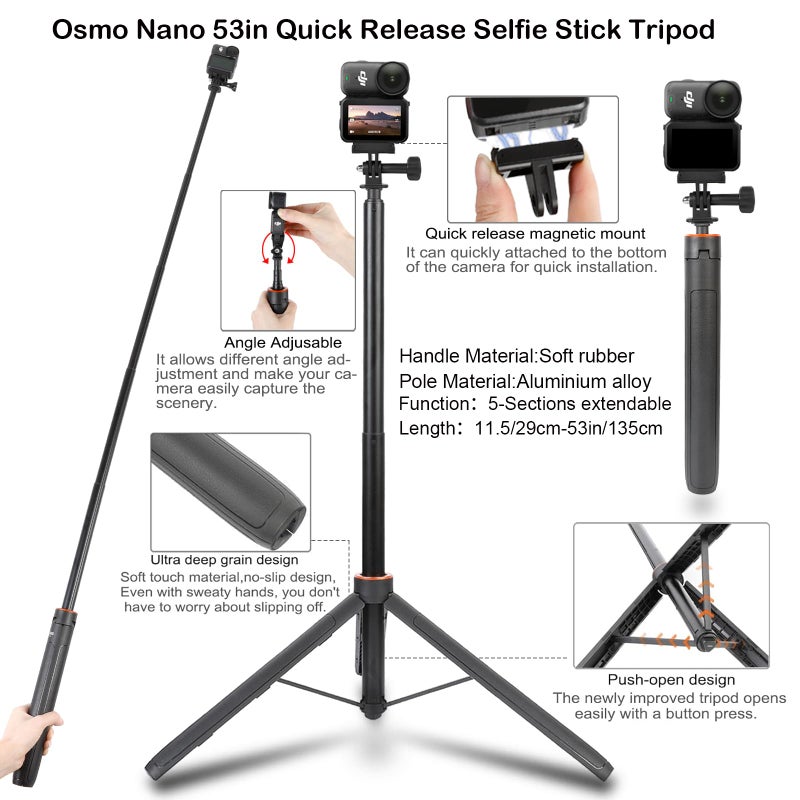 PellKing Accessories Kit for Osmo Nano,Included Carrying Case with Belt,135cm Selfie Stick Tripod with Magnetic Mount,Suction Cup,Magnetic Mount,Handlebar Mount,4 Pcs Body Strap Mount,Screen Protector - Image 2