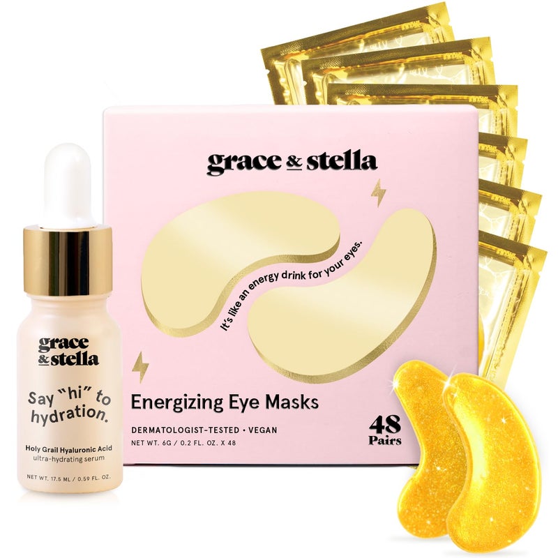 grace & stella Award Winning Under Eye Mask - Early Christmas Gift Ideas, Gifts for Women- Undereye Patches for Dark Circles, Puffiness, Wrinkles (Gold Eye Mask 48 Pairs + Hyaluronic Acid Serum 17ml) - Image 1