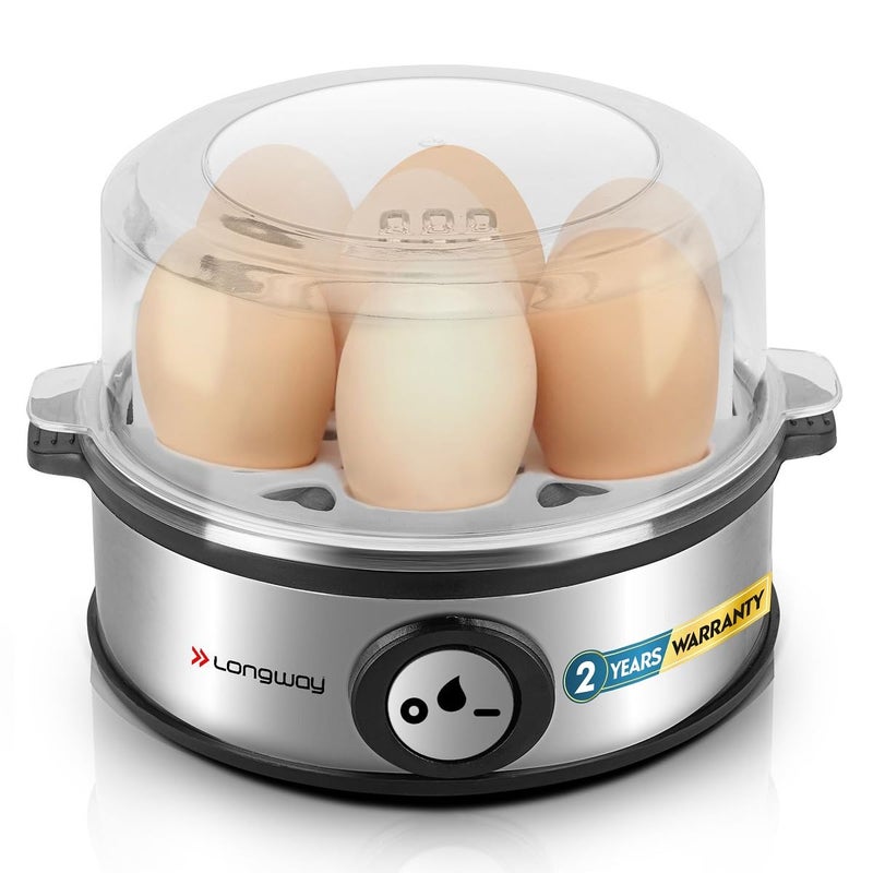 Longway Champ 360 Watt Stainless Steel Egg BoilerCooker for Steaming Cooking Boiling 3 Boiling Modes Soft Medium Hard 7 Eggs Silver - Image 1
