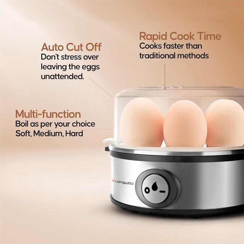 Longway Champ 360 Watt Stainless Steel Egg BoilerCooker for Steaming Cooking Boiling 3 Boiling Modes Soft Medium Hard 7 Eggs Silver - Image 5